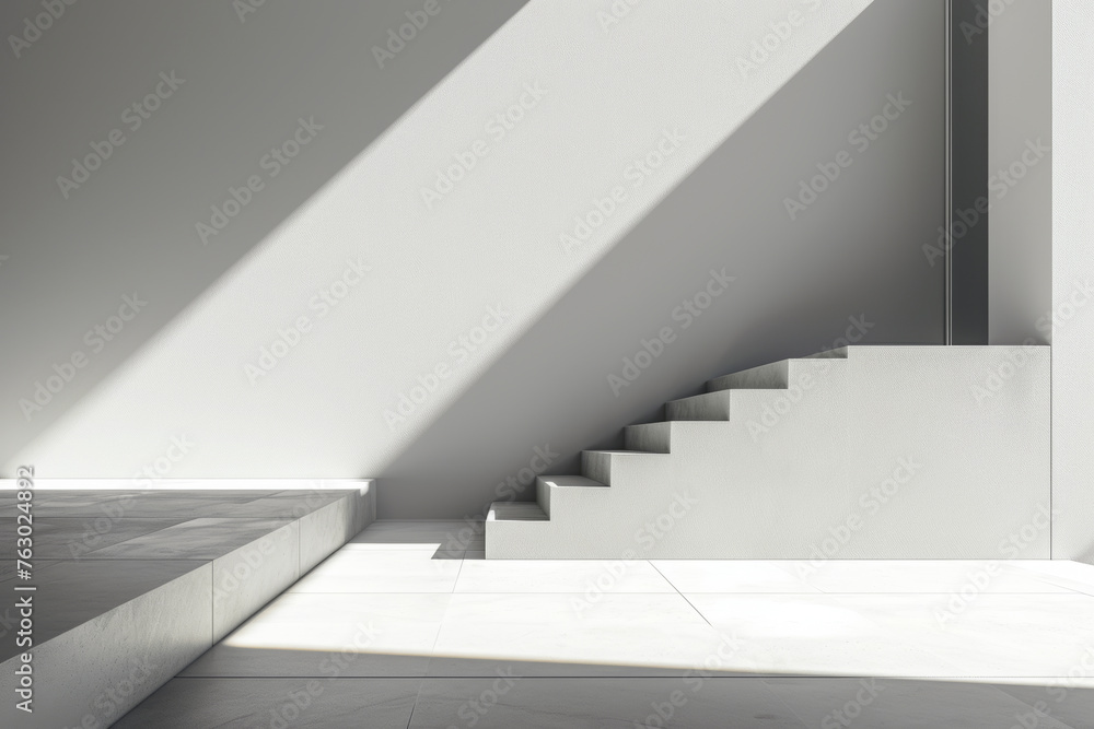Poster modern minimalist architecture with marble flooring and staircase. sharp shadows and natural light i