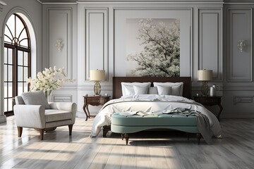 stylist and royal Luxury bedroom interior with minimal decor, loft style, 3d render, space for text, photographic