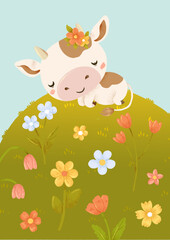 Obraz premium Cute cartoon milky cow with wreath of flowers. Kawaii cow illustration for dairy products or farm pictures. Poster template