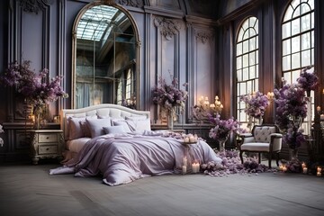 stylist and royal Luxury bedroom interior with minimal decor, loft style, 3d render, space for text, photographic - obrazy, fototapety, plakaty