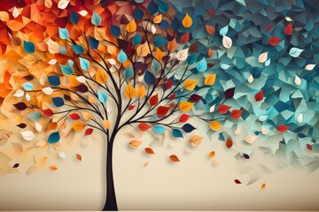 Colorful tree with hanging leaves illustration background, floral abstraction wallpaper