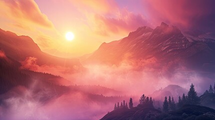 Mountains, high altitude, heights, sun, sunrise, bright rays, clouds, fog, wind, tourism, landscape, environment, backdrop, background. Concept of beauty of nature in the morning. Generative by AI