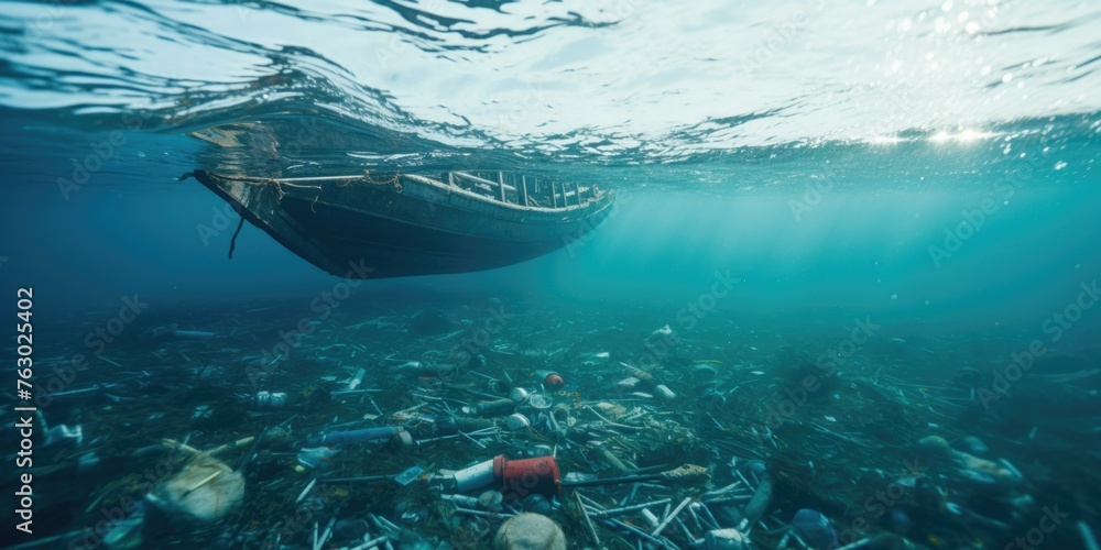 Poster a boat is underwater in the ocean with trash floating around it. generative ai.