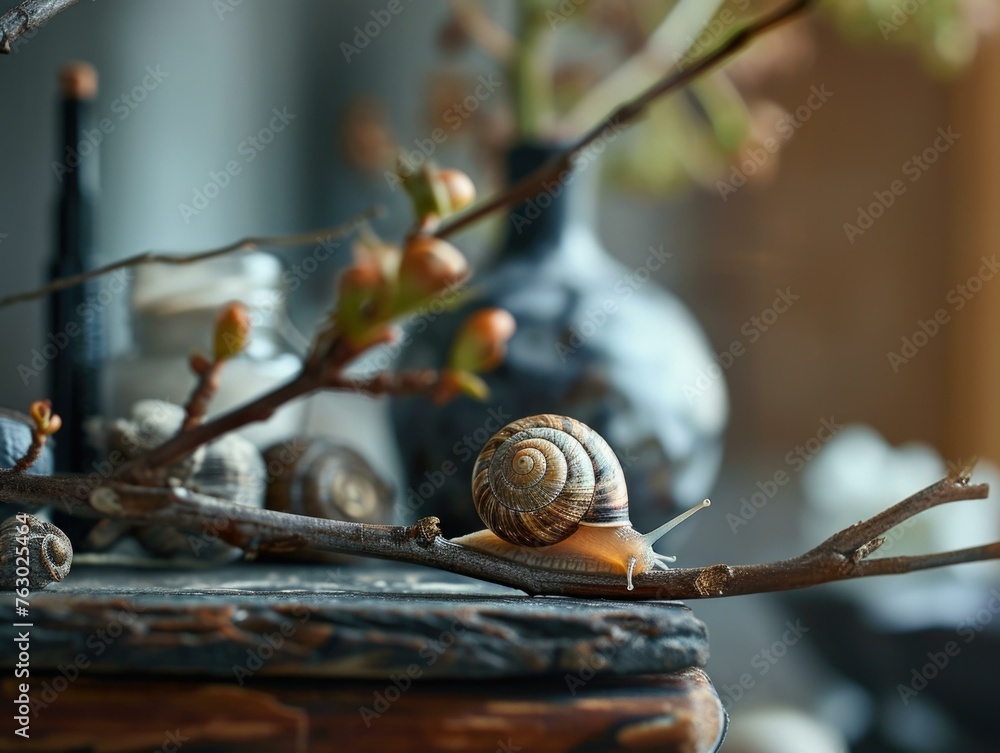 Poster a snail sitting on a branch of a tree in front of vases. generative ai.