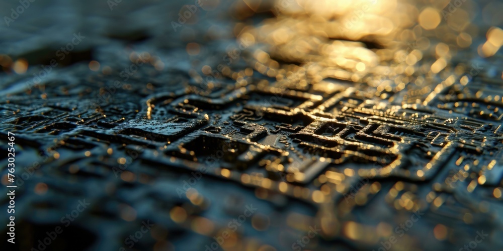 Poster a close up of a circuit board with some light shining through it. generative ai.