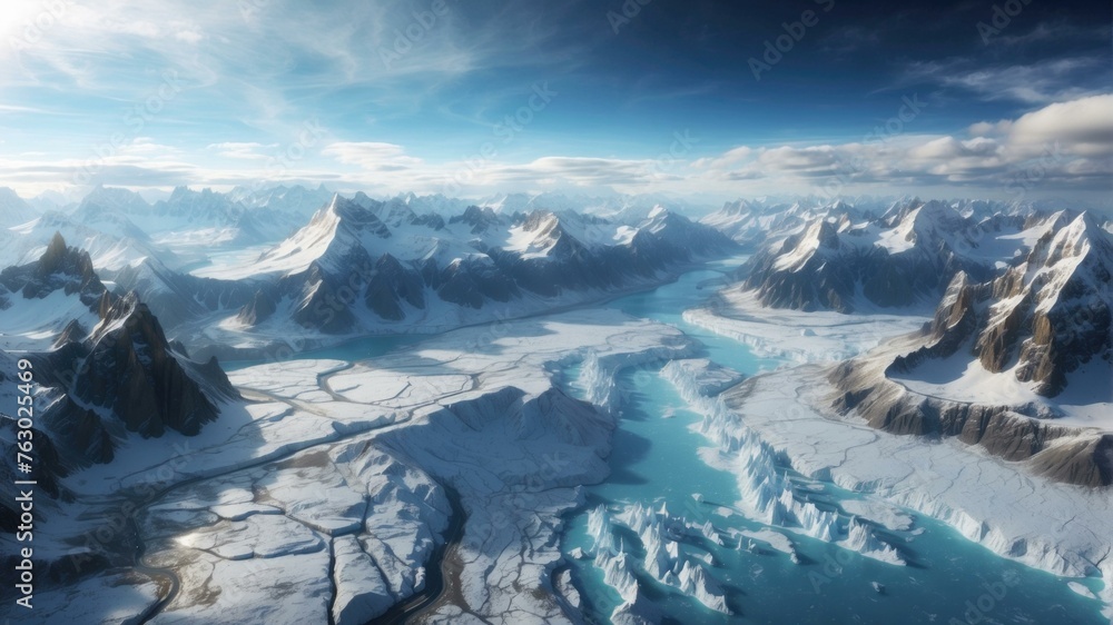 Poster a view of a large glacier with some snow on it. generative ai.