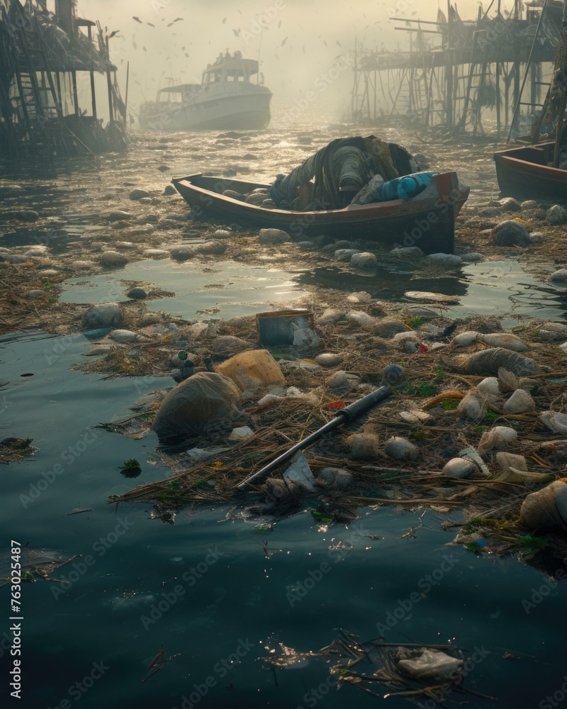 Poster a boat is floating in a body of water with garbage. generative ai.