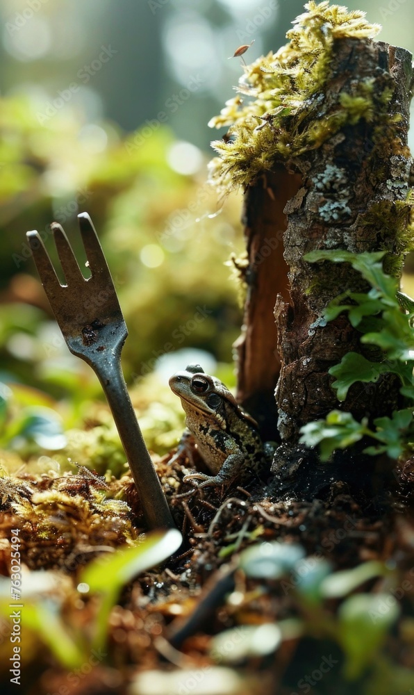 Poster a small frog sitting on a fork in the middle of some grass. generative ai.