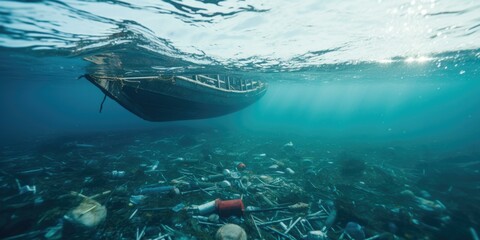 A boat is underwater in the ocean with trash floating around it. Generative AI.