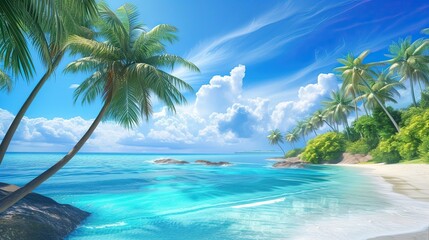 Tropical paradise, beach with palm trees and azure sea. An idyll against the backdrop of turquoise water, light, slightly cloudy sky, dream vacation, resort. Paradise island concept. Generative by AI
