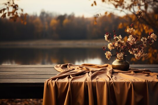 stylist and royal Empty wooden table with tablecloth over autumn nature park background, space for text, photographic