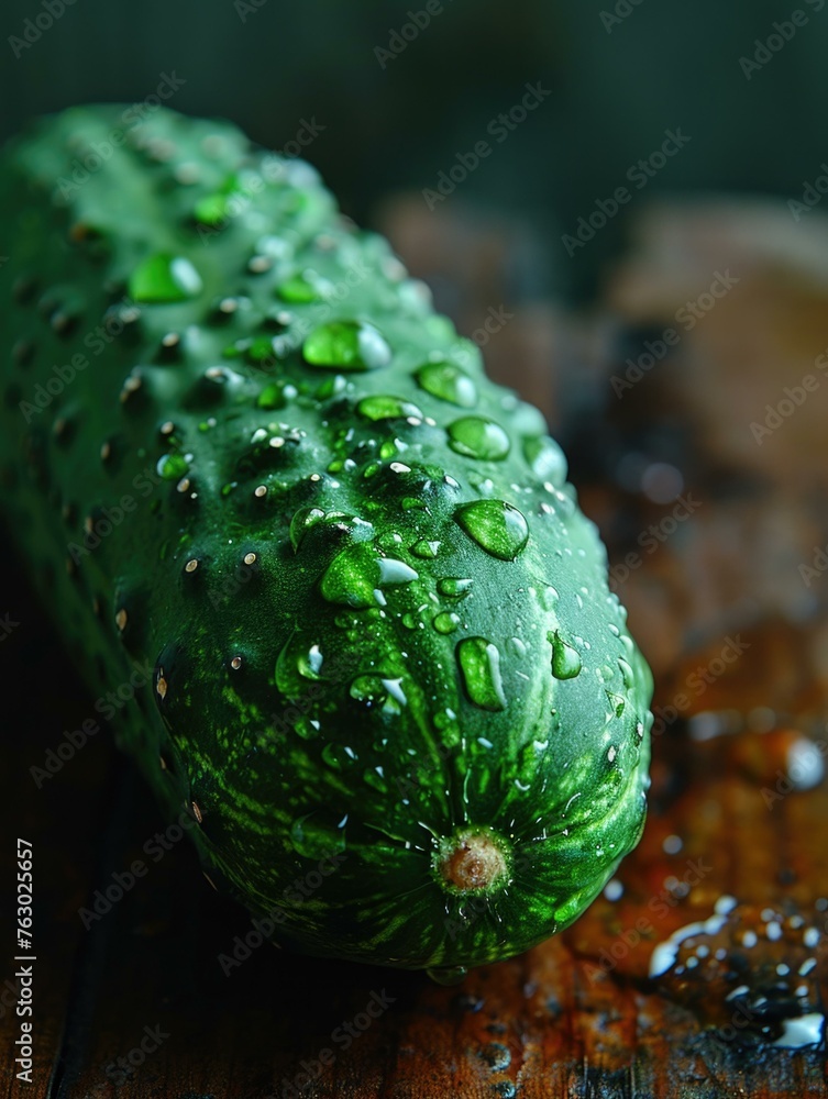 Poster a cucumber with water droplets on it sitting next to a table. generative ai.