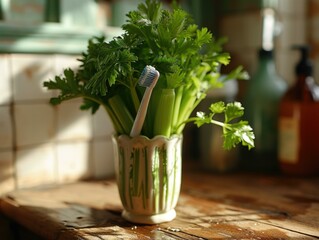 A toothbrush in a vase of fresh herbs on the counter. Generative AI.