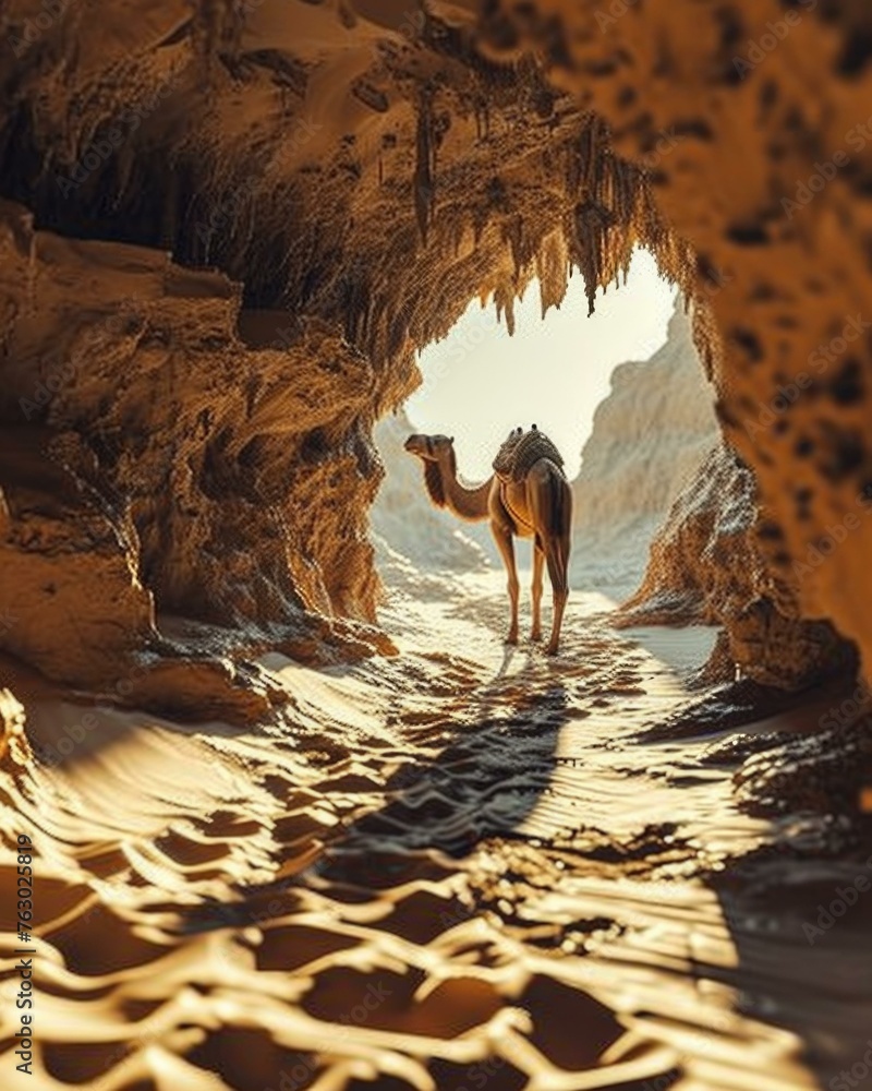 Poster a camel standing in a cave with sand and rocks. generative ai.
