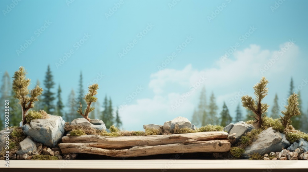 Poster a miniature scene of a forest with rocks and trees. generative ai.