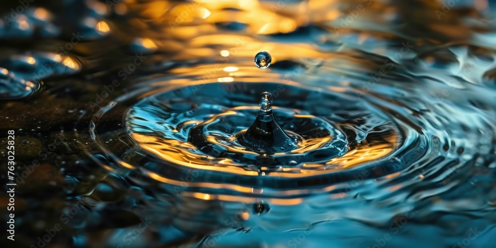 Poster a close up of a drop in water with some drops. generative ai.