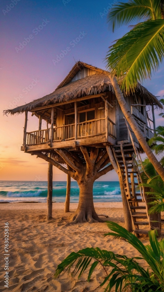 Poster a tree house on the beach with a ladder to get up. generative ai.