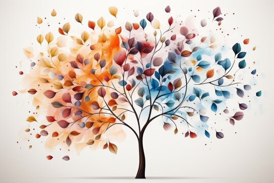 Vibrant tree with hanging branches, multicolored leaves illustration for abstract floral background