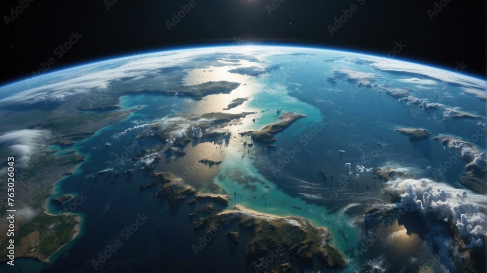Poster a view of the earth from space with a bright sun in the background. generative ai.