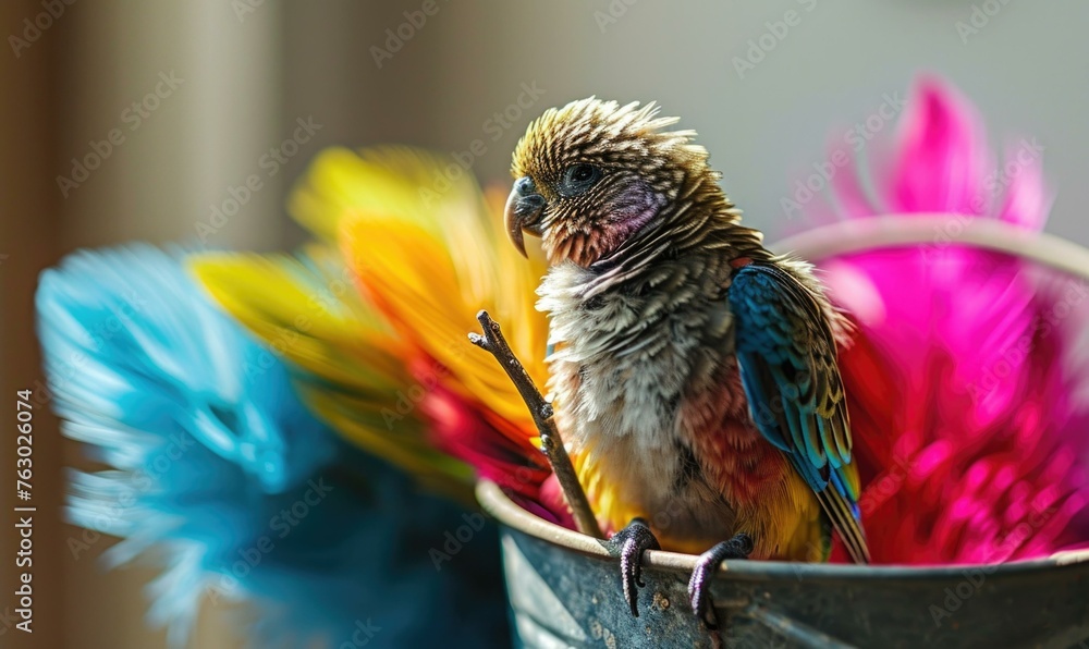 Poster a colorful bird sitting in a bucket with feathers on the side. generative ai.