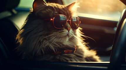Cool cat in sunglasses sitting behind the wheel of a c