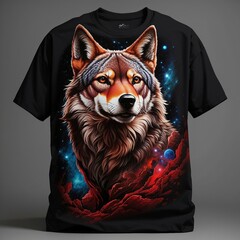 High Resolution. Generative AI. Realistic cosmic blue red wolf looking up. Dark background with blue highlighted rim. Space, universe background effect. Beautiful AI image of blue red wolf looking up.