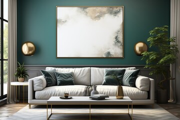 stylist and royal green and golden minimalist living room interior with sofa on a wooden floor, 