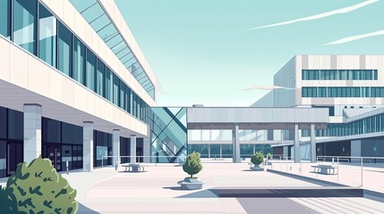 An abstract image of hospital, modern office or educational building, office, building, skyscraper, architecture, business, city, modern, work, corporation, cartoon. Generative by AI - obrazy, fototapety, plakaty