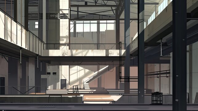 An abstract image of factory, working structure. Lack of furniture, concrete, shabby walls, a lot light, large windows, metal beams and structures. Gray, faded tones, a lot of space. Generative by AI