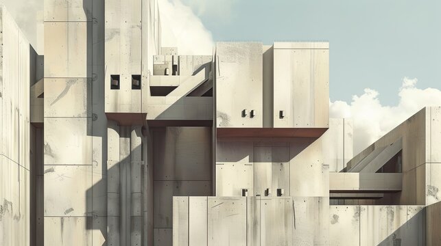 An abstract image of factory, plant, manufactory, working structure, house, housing. Brutalism, modernism, simple geometric shapes, unusual architecture and design. Gray tones. Generative by AI