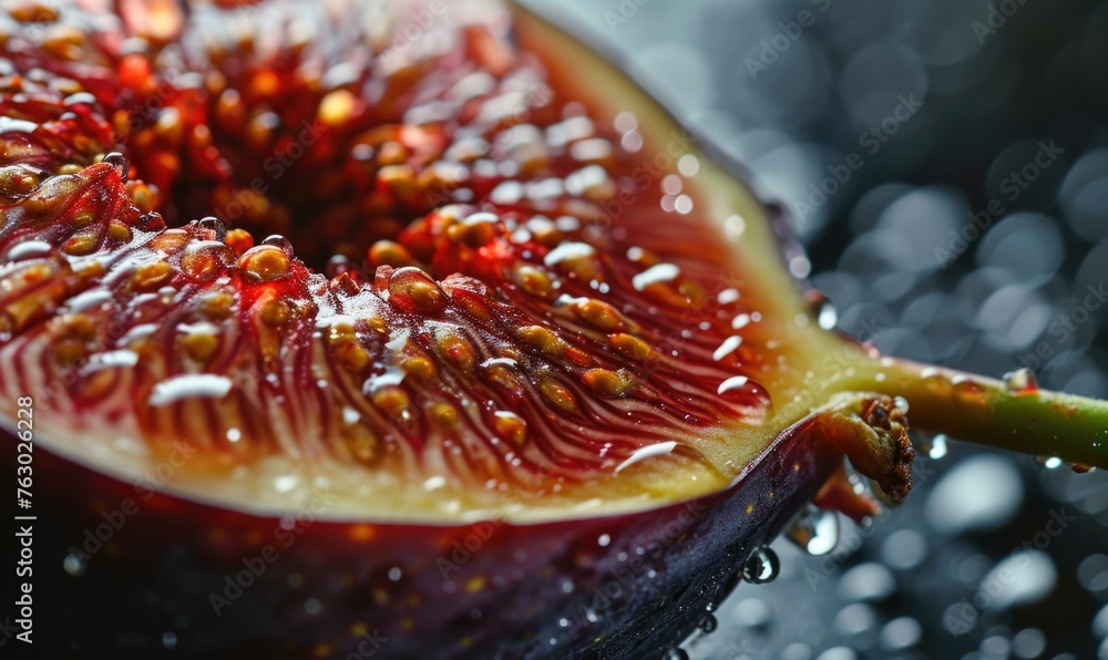 Poster a close up of a fig with water droplets on it. generative ai.