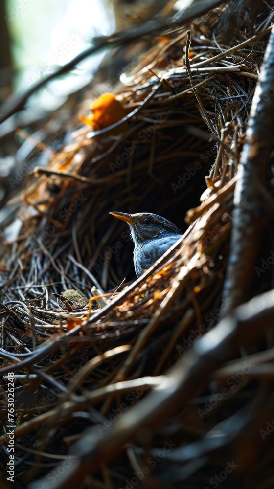Poster a bird nest with a small bird inside of it. generative ai.