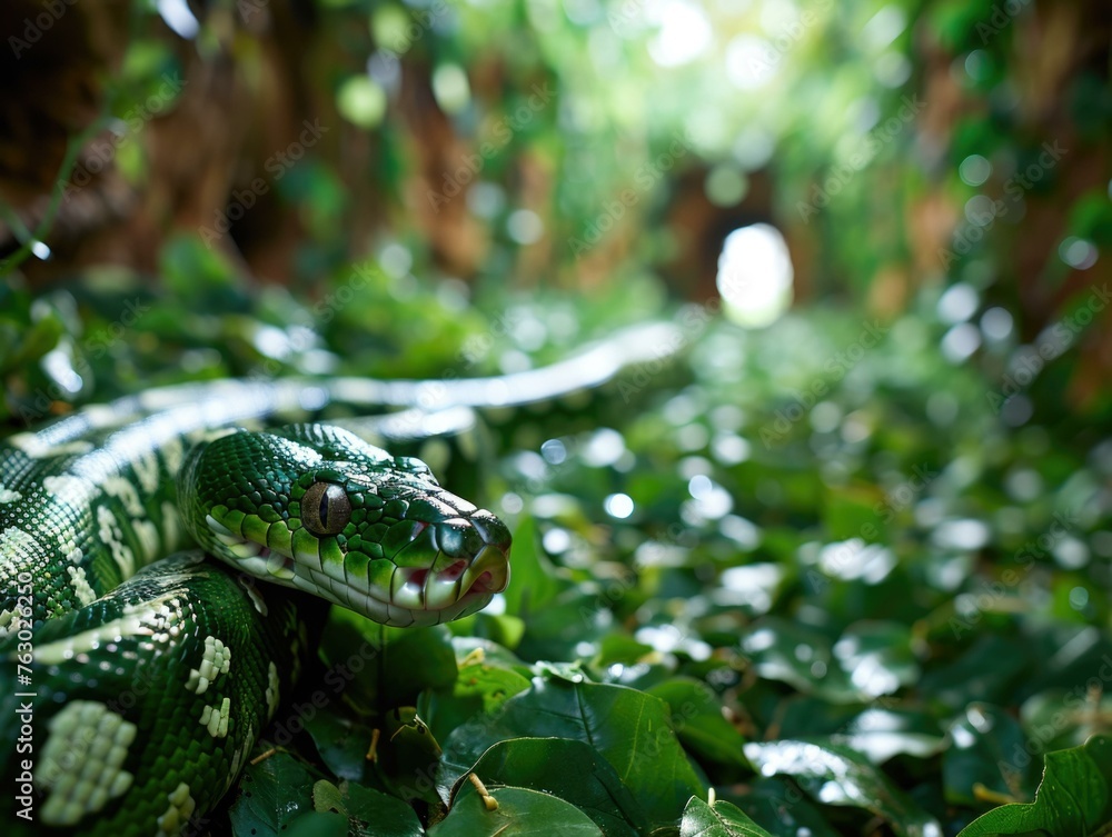 Poster a snake is laying on the ground in a forest. generative ai.