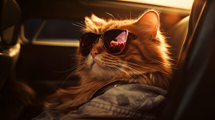 Cool red cat in sunglasses sitting behind the wheel of