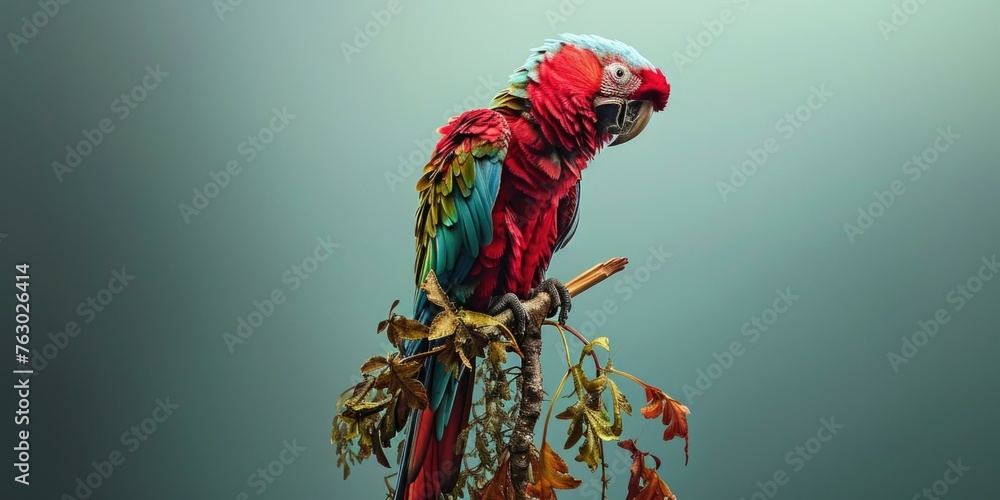 Poster a colorful parrot perched on a branch with leaves in the background. generative ai.