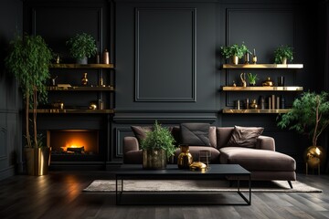 stylist and royal Home interior, modern dark living room interior, black empty wall mock up - obrazy, fototapety, plakaty