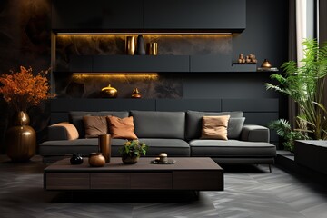 stylist and royal Home interior, modern dark living room interior, black empty wall mock up