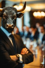 Businessman bull standing in office conference room, as bullish market sentiment. Trading charts, concept of financial markets trading, with bulls and bears indicating market trends.