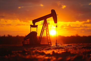 Sunset silhouette of an oil pump in a field	
