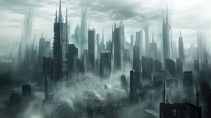 Skyscrapers, tall buildings, concrete, city, urbanism, haze, high rise structure, office construction, urban ecosystem, clouds. Beauty and grandeur of modern architecture concept. Generative by AI