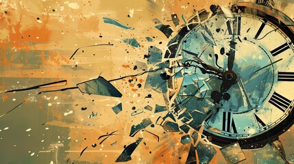 An abstract image of a broken watch, dial, hands, Roman numerals, dust and dirt, seconds, minutes, hours. Cracks, scratches, history, time. End of times concept. Generative by AI