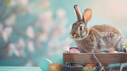 bunny rabbit and easter eggs in the box with copy space in solid background