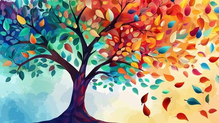 Colorful tree foliage with leaves hanging and flowing from branches abstract illustration background wallpaper