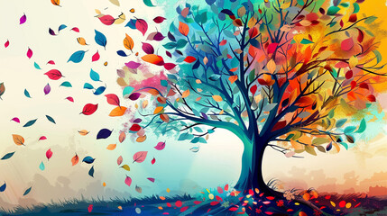 Colorful tree foliage with leaves hanging and flowing from branches abstract illustration background wallpaper