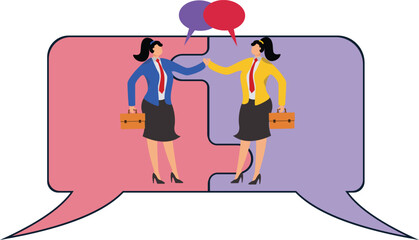 Two smiling businesswomen meeting with a handshake and talking with jigsaw speech bubble