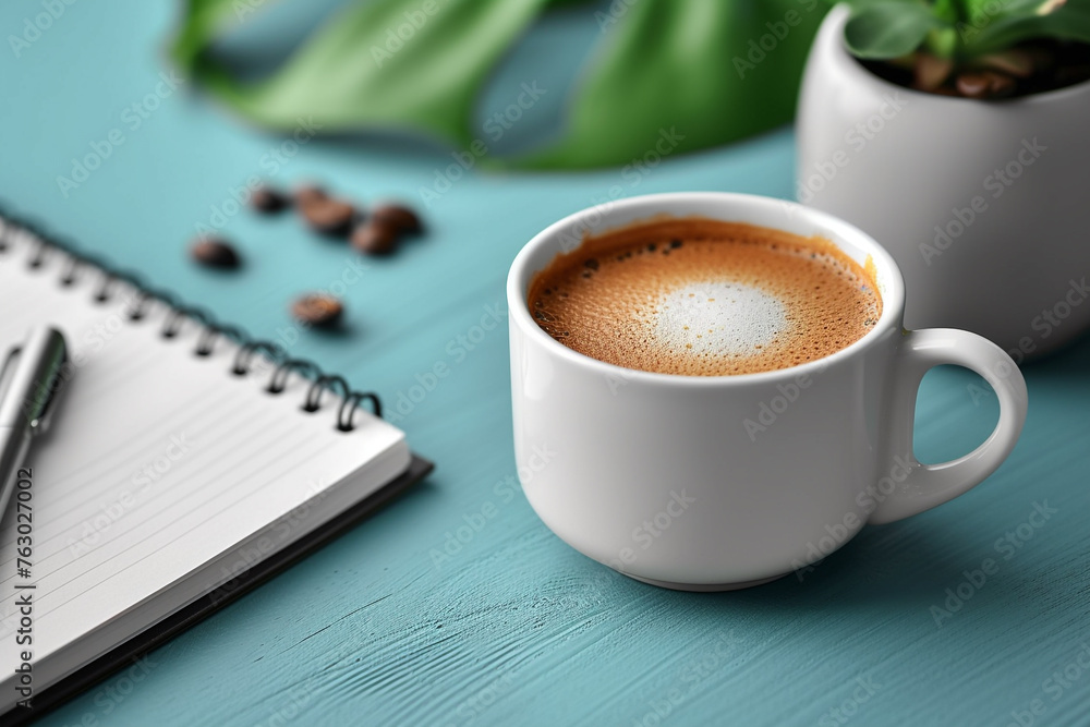 Poster coffee and notebook on table