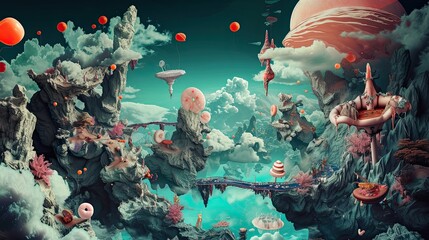 Abstract illustration of another world, a surreal, fairy tale reality with islands floating on clouds, detailing them. Space, clouds, parallel universe, alien civilization concept. Generative by AI - obrazy, fototapety, plakaty