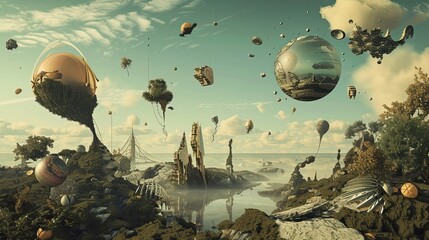 Abstract illustration of another world, a surreal, fairy tale reality with islands floating on clouds, detailing them. Space, clouds, parallel universe, alien civilization concept. Generative by AI - obrazy, fototapety, plakaty