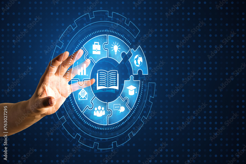 Poster close up of male hands using creative digital round puzzle educational hologram on dark blue backgro