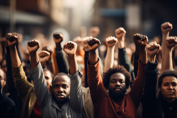 Protest, stop racism, equality concept. Fight for your rights. People of different nationalities and races raise up fists - obrazy, fototapety, plakaty